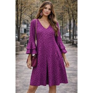 Tyler Boe Sydney Pink Purple Leopard Flare Sleeve Dress Pockets Large